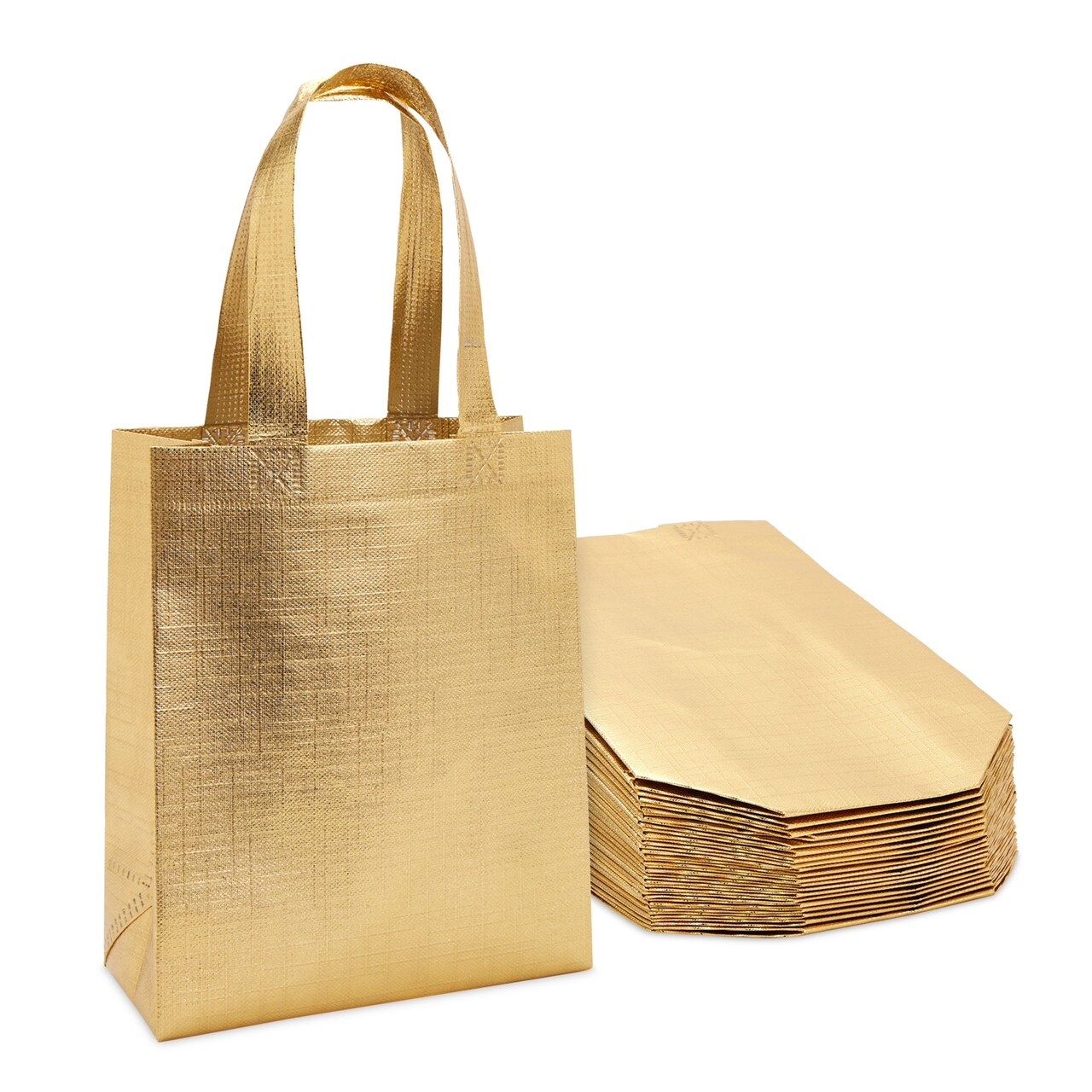 Non Woven Reusable Tote Bags, Metallic Gold Gift Bags with Handles (10x8 In, 20 Pack)